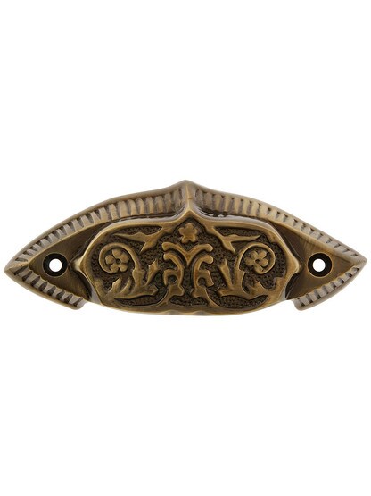 4 1/4 inch Floral Victorian Bin Pull in Antique Brass.